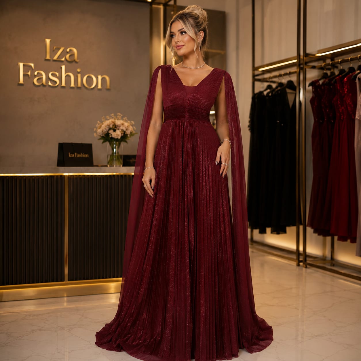 Vestido Marsala Plissado com Manga Efeito Capa
