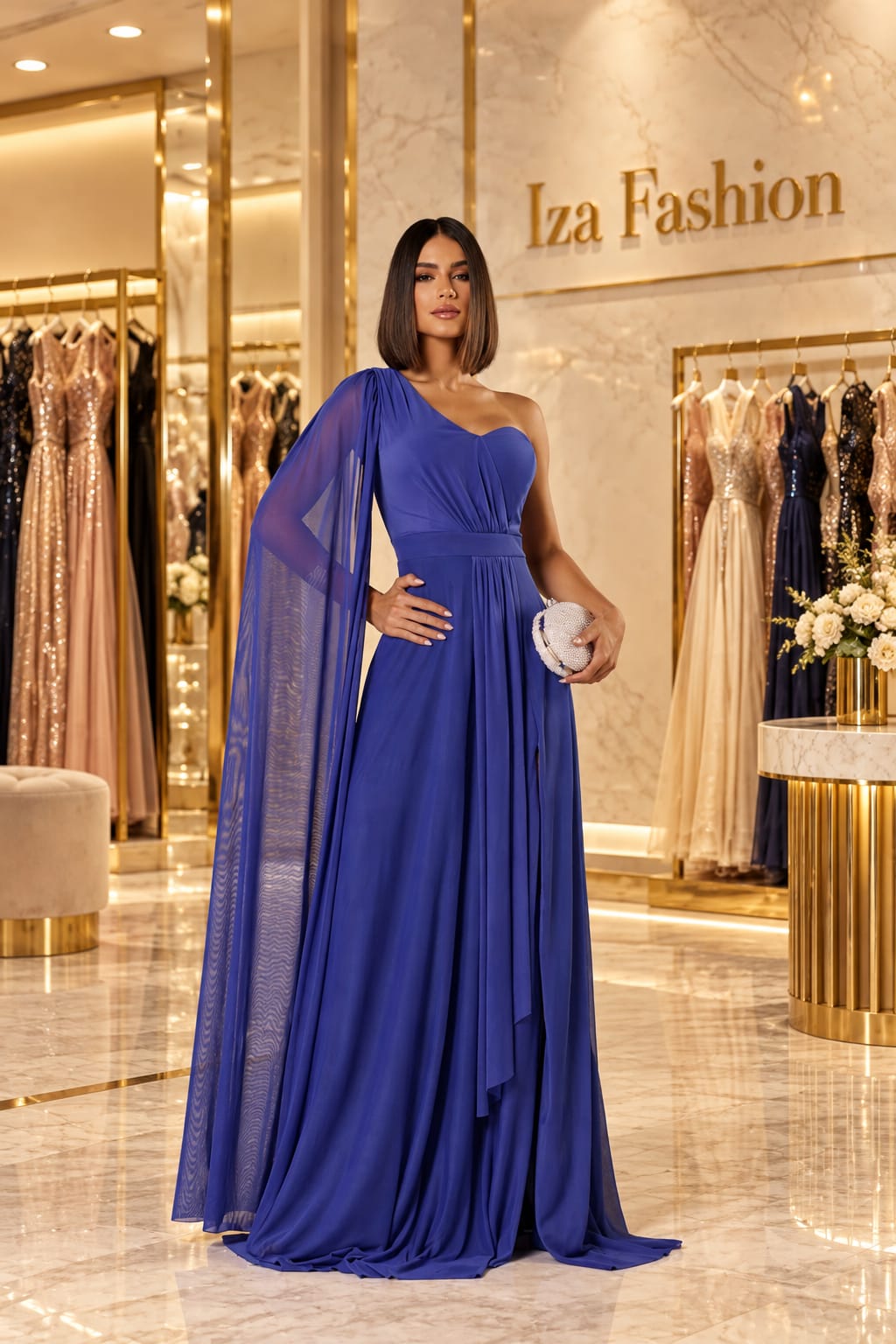 Vestido Longo em Tule Azul Royal um Ombro só Com Manga Capa