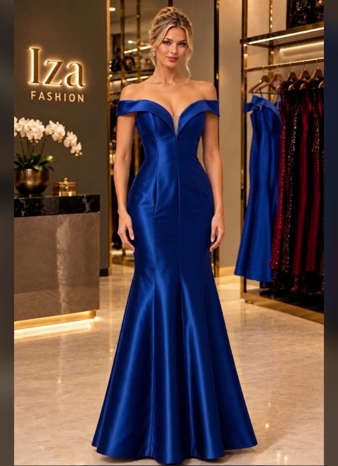 Vestido Longo Azul Royal Zibeline Ombro a Ombro Corset Sereia com Decote Coração