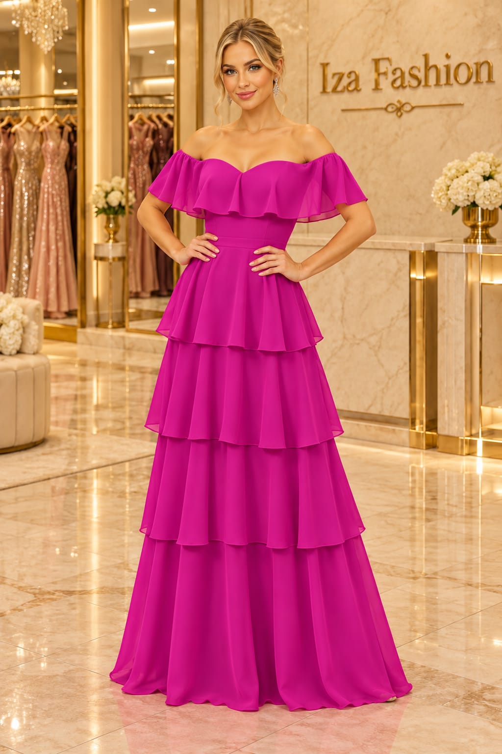 Vestido Longo Rosa Fúcsia Ombro a Ombro com Babados em Camadas