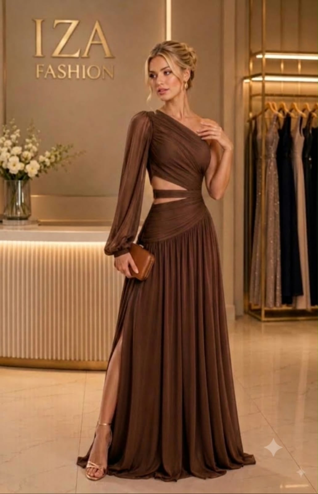 Vestido Longo de Festa Tule Marrom Ombro Único com Recortes e Fenda