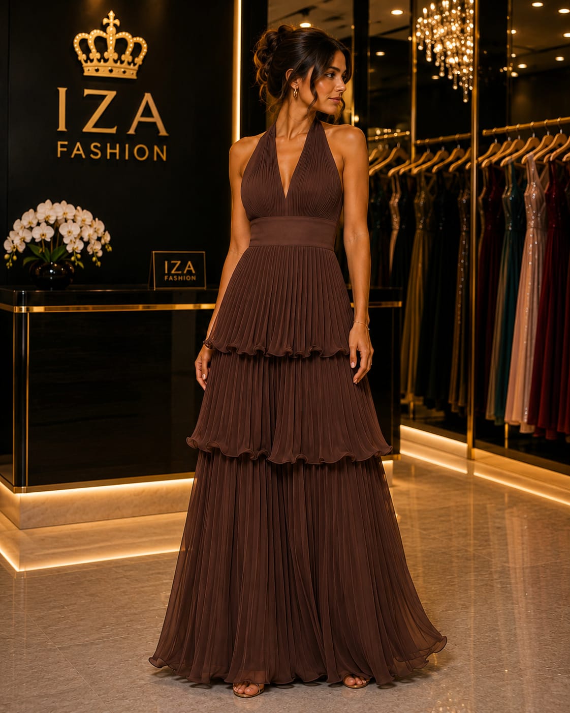 Vestido Longo Plissado com Babados Marrom