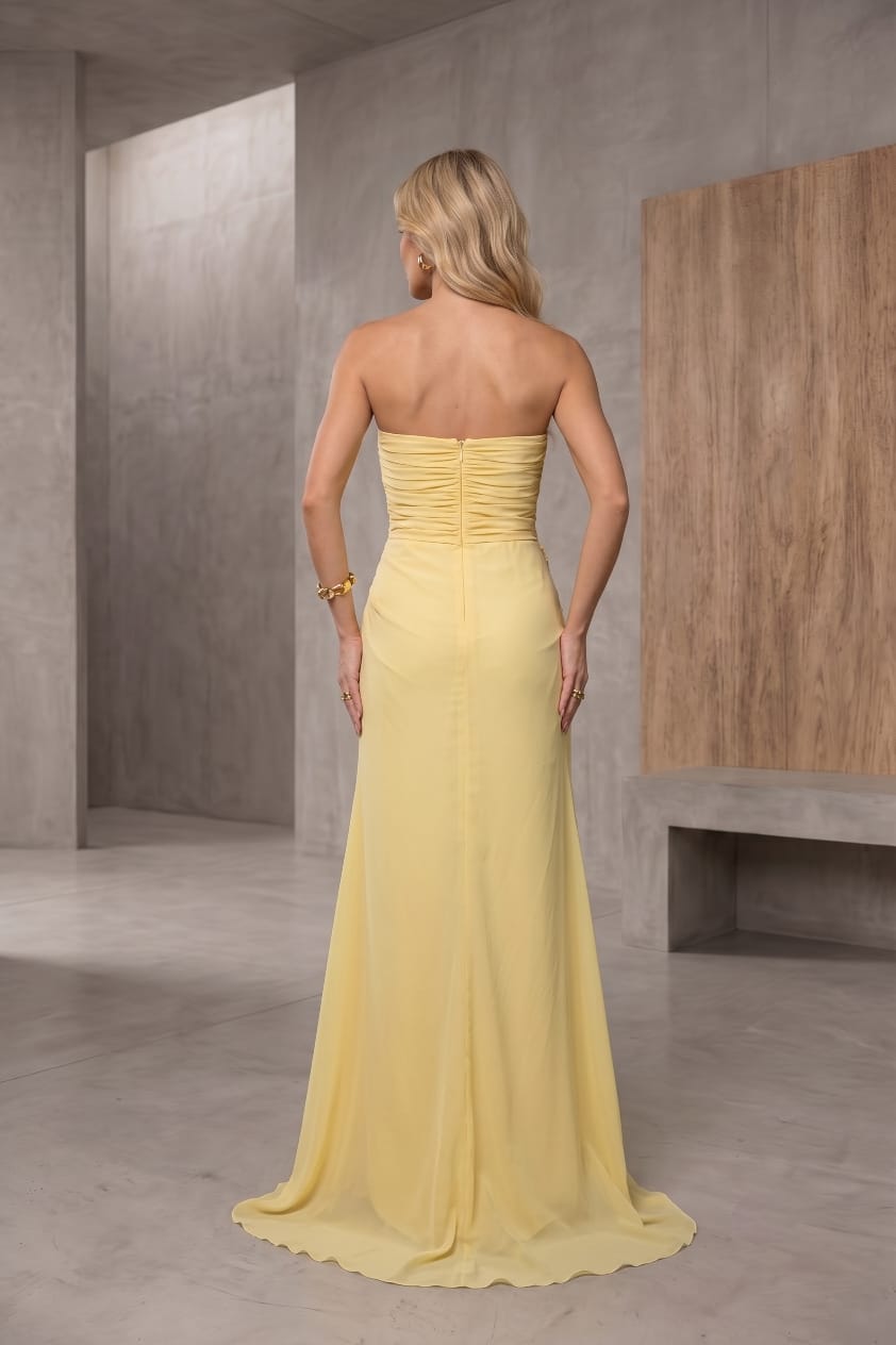 Vestido Longo Crepe Tomara Que Caia Drapeado Amarelo