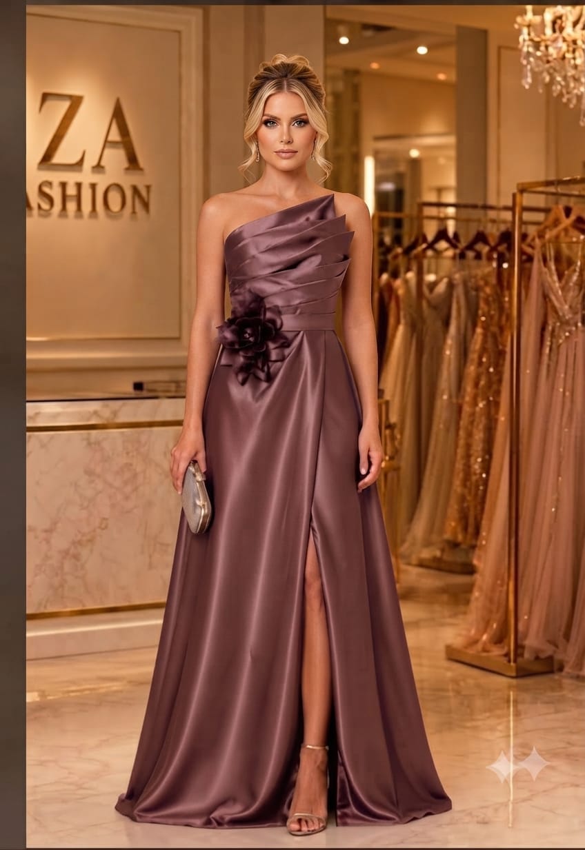 Vestido de Festa Longo Zibeline Marrom Tomara Que Caia com Flor