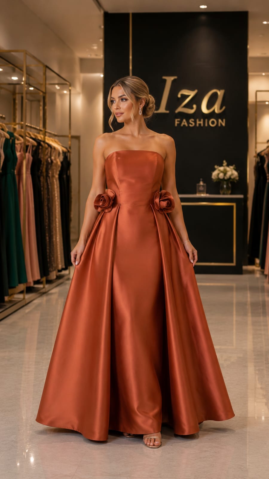 Vestido Longo Zibeline Terracota Tomara que Caia com Flores