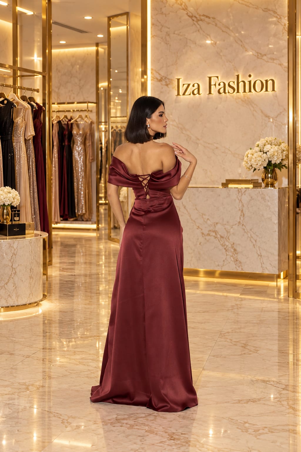 Vestido Longo CDC Amanda Marsala Ombro a Ombro e Fenda