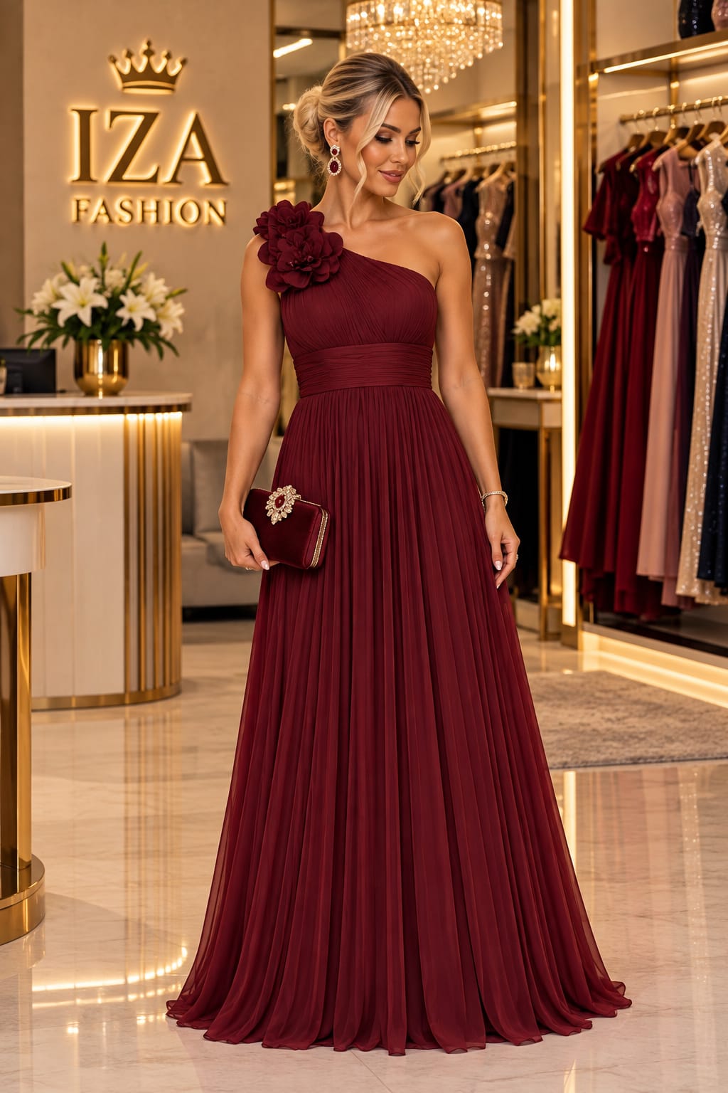 Vestido de Festa Longo Chiffon Marsala Um Ombro Só com Aplicação