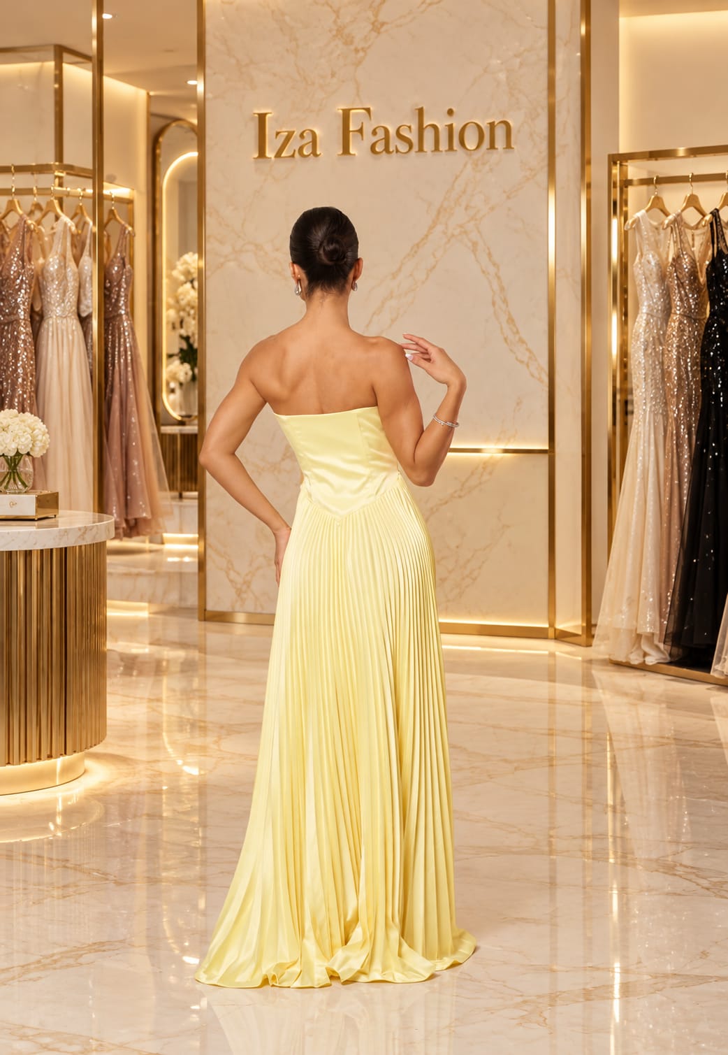 Vestido Longo Crepe de Seda Tomara que Caia Plissado Amarelo Manteiga
