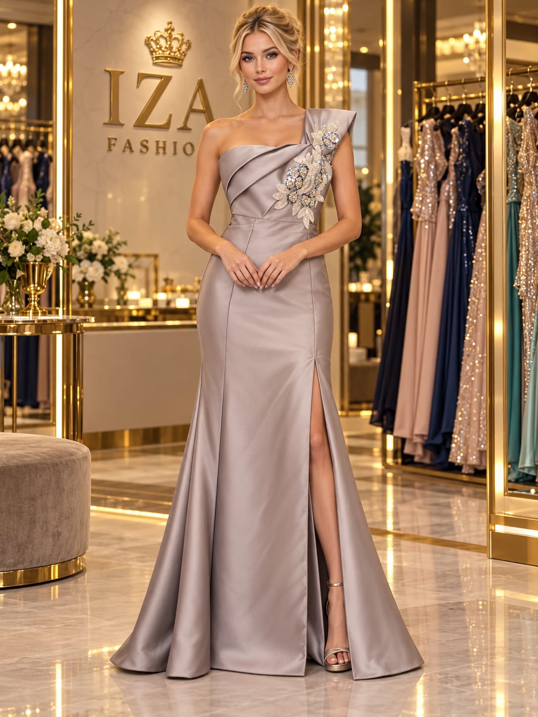 Vestido Longo Cinza Prata Zibeline Duchese Ombro Único com Bordado Floral Cristal e Fenda