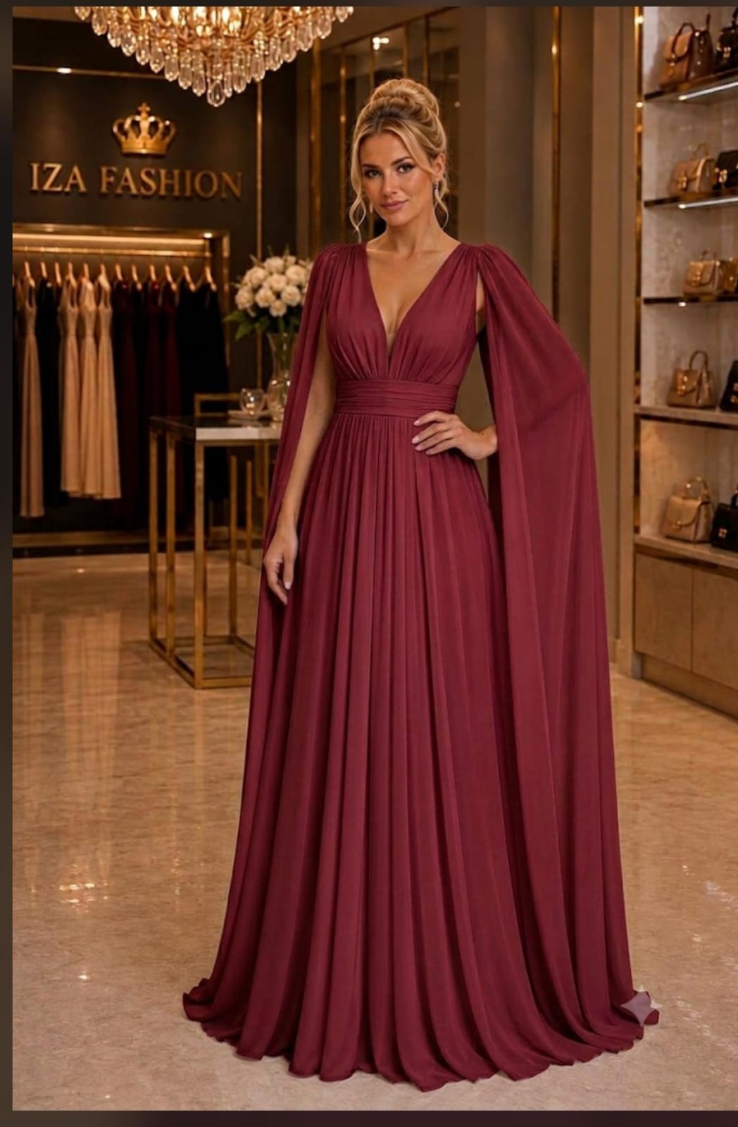 Vestido Longo Marsala em Tule com Manga Efeito Capa