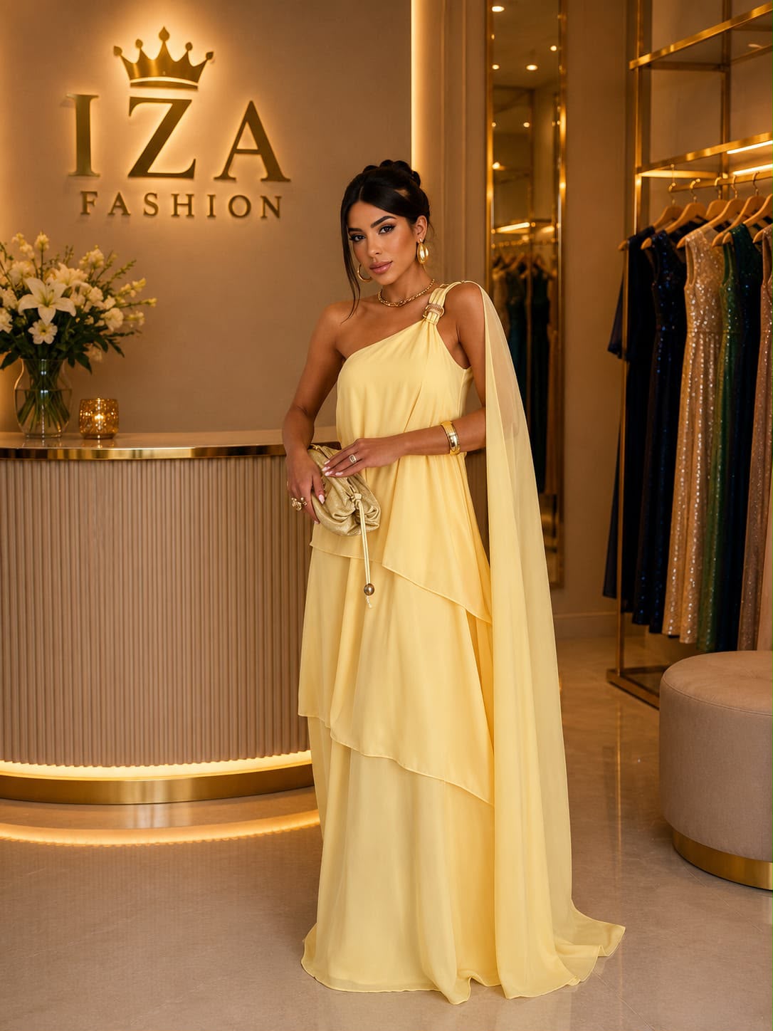 Vestido Longo Chiffon Amarelo em Camadas um Ombro Só