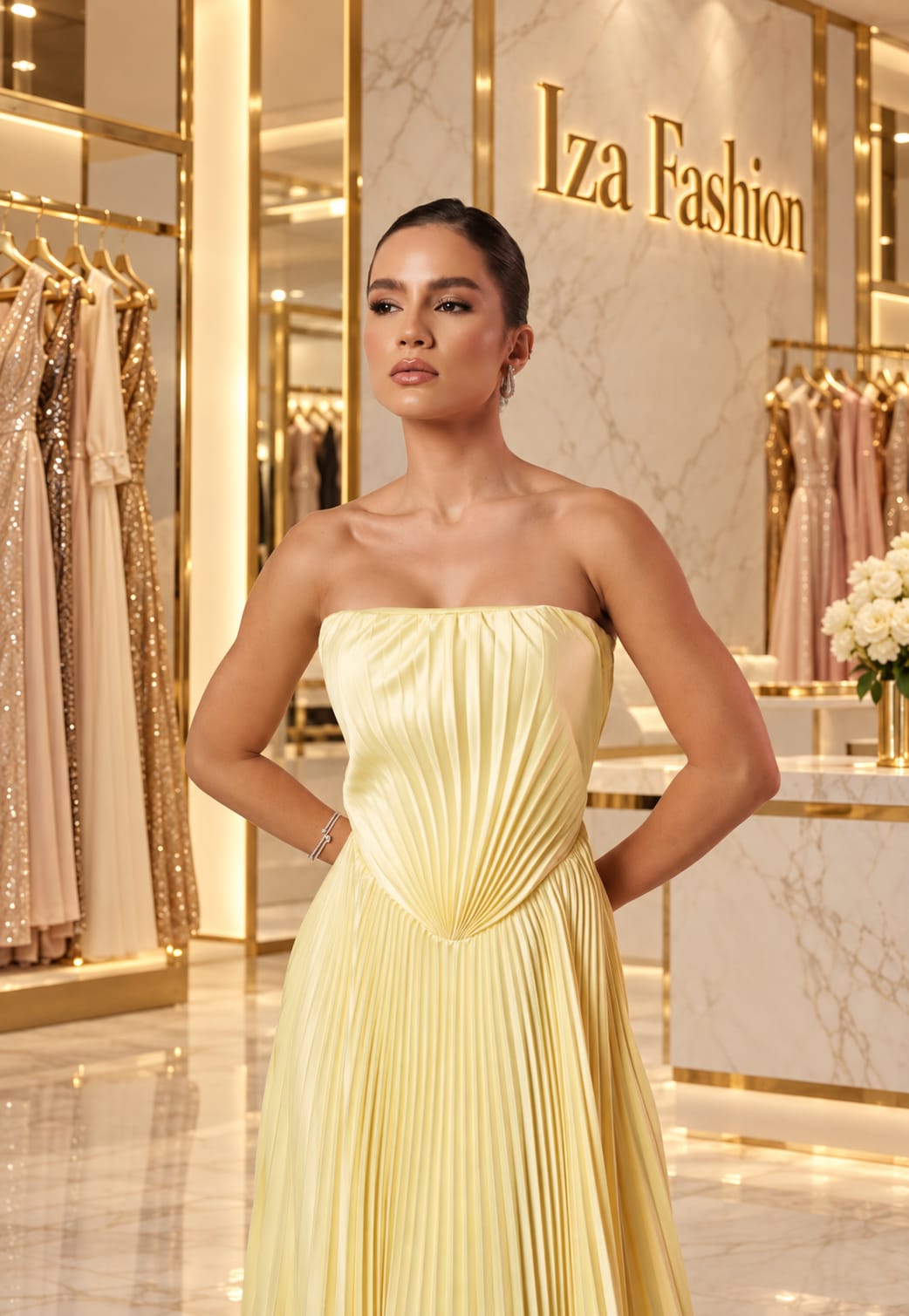 Vestido Longo Crepe de Seda Tomara que Caia Plissado Amarelo Manteiga