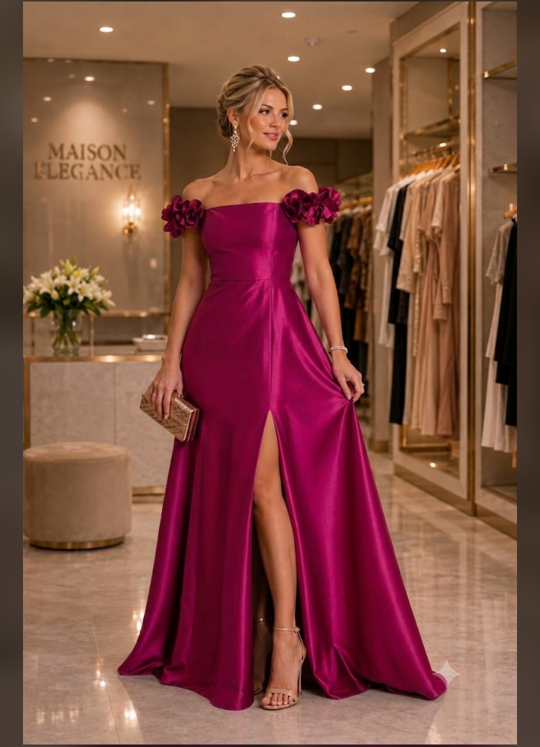 Vestido Zibeline Ombro a Ombro com Detalhe Floral Fúcsia