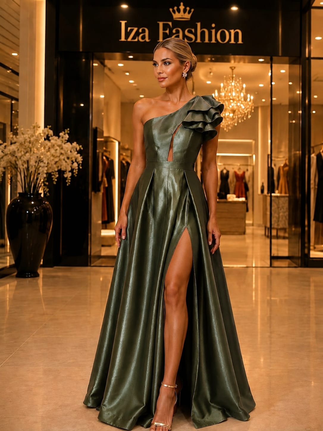 Vestido Longo Zibeline Glow Oliva Um Ombro Só com Babado
