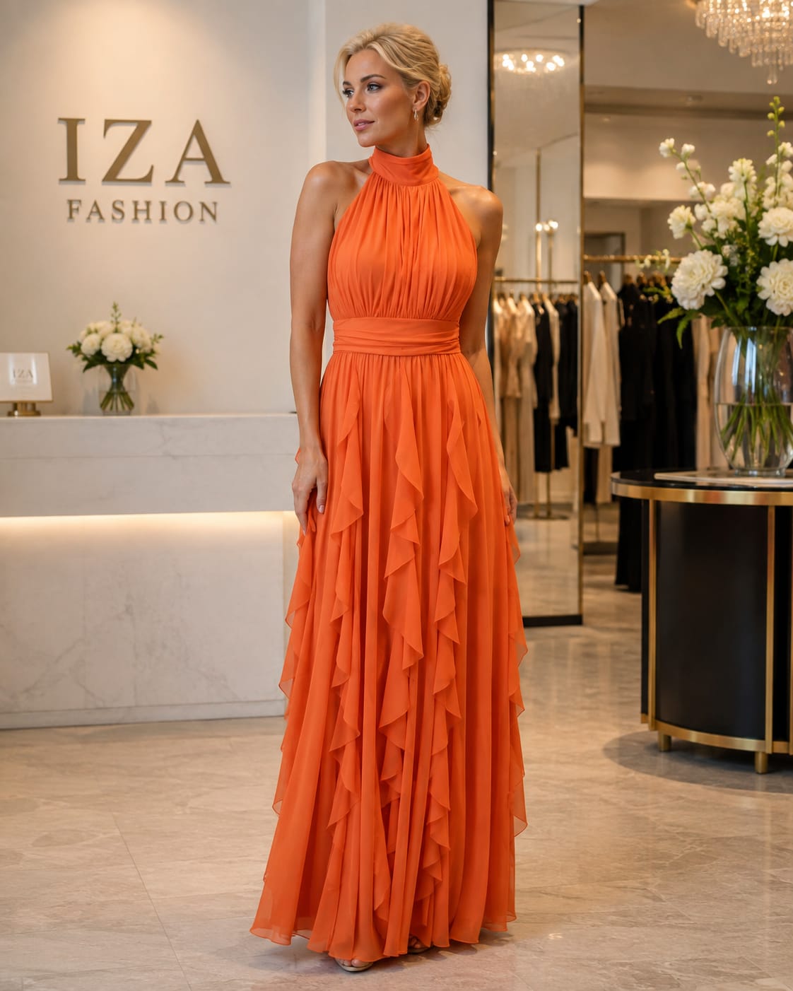 Vestido Longo Laranja em Tule com Gola Halter e Babados