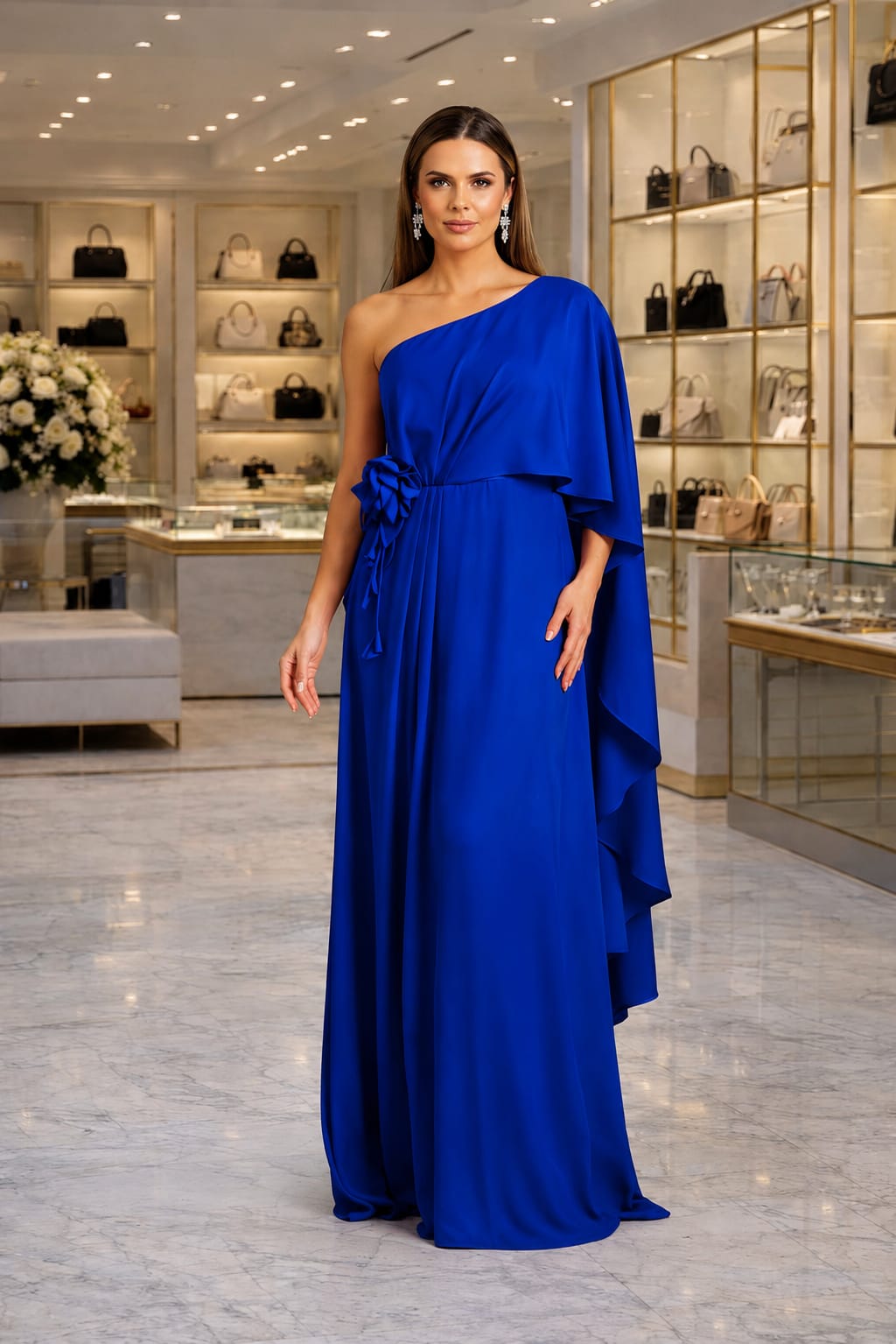 Vestido Longo em Crepe de Seda Um Ombro Só com Capa e Flor Azul Royal