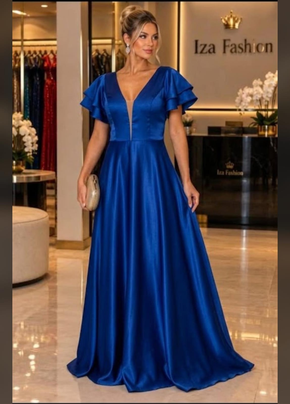 Vestido Longo Cetim Azul Royal com Manga