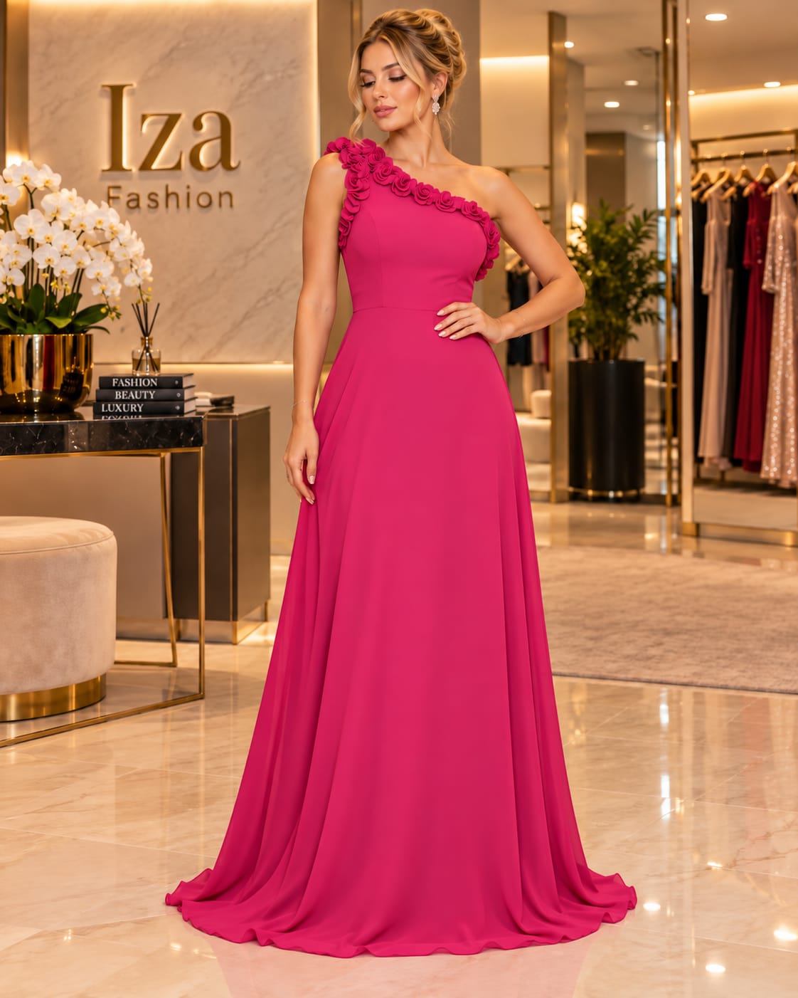 Vestido Longo Pink com Ombro Único e Flores 3D em Chiffon Fluido