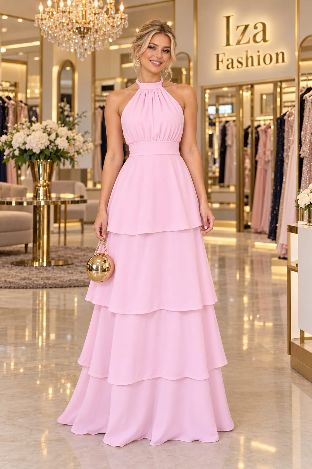 Vestido Longo Rosa Chiffon Frente Única Gola Alta com Babados em Camadas