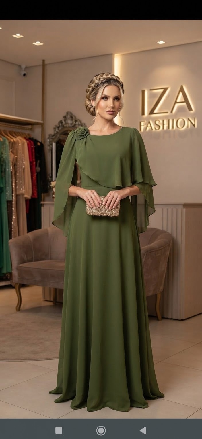 Vestido Longo Verde Oliva Chiffon com Capa Assimétrica e Flor 3D Ombro