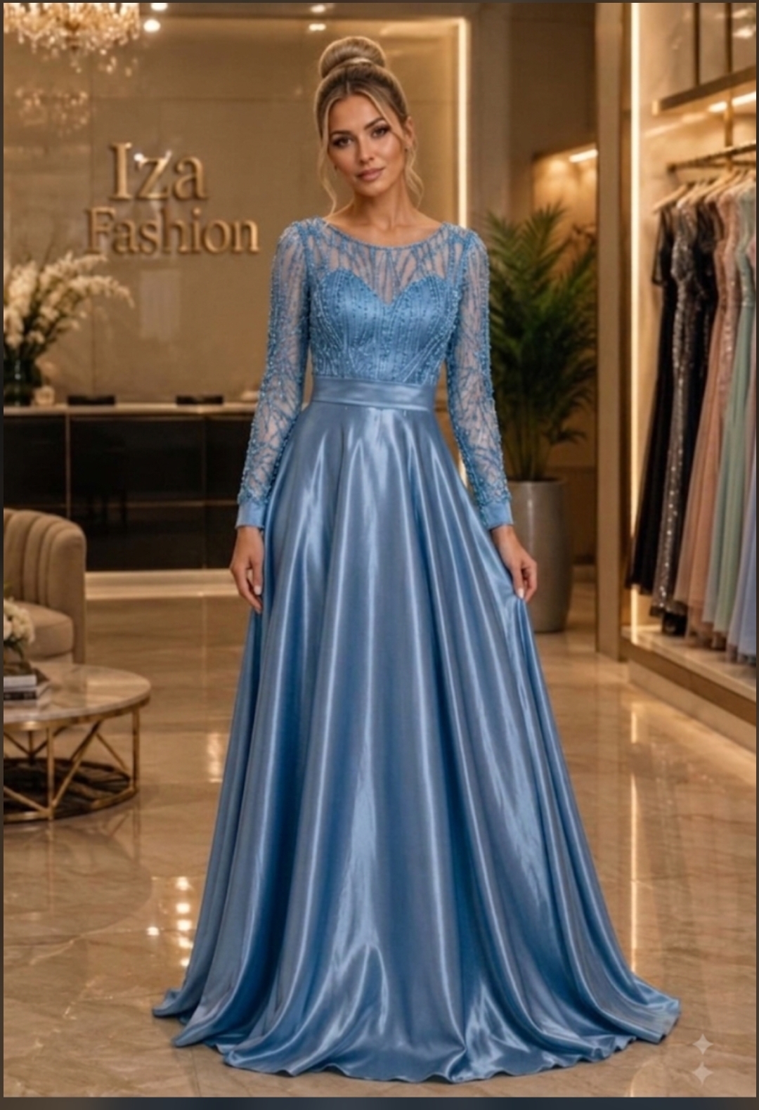 Vestido Longo Azul Serenity em CDC Amanda com Busto Bordado em Pedraria e Manga Longa Transparente