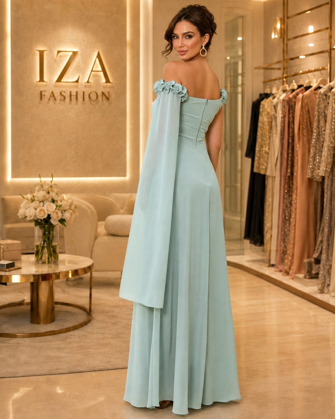 Vestido Verde Menta Ombro a Ombro com Aplicação de Flores em Chiffon– Elegância Romântica