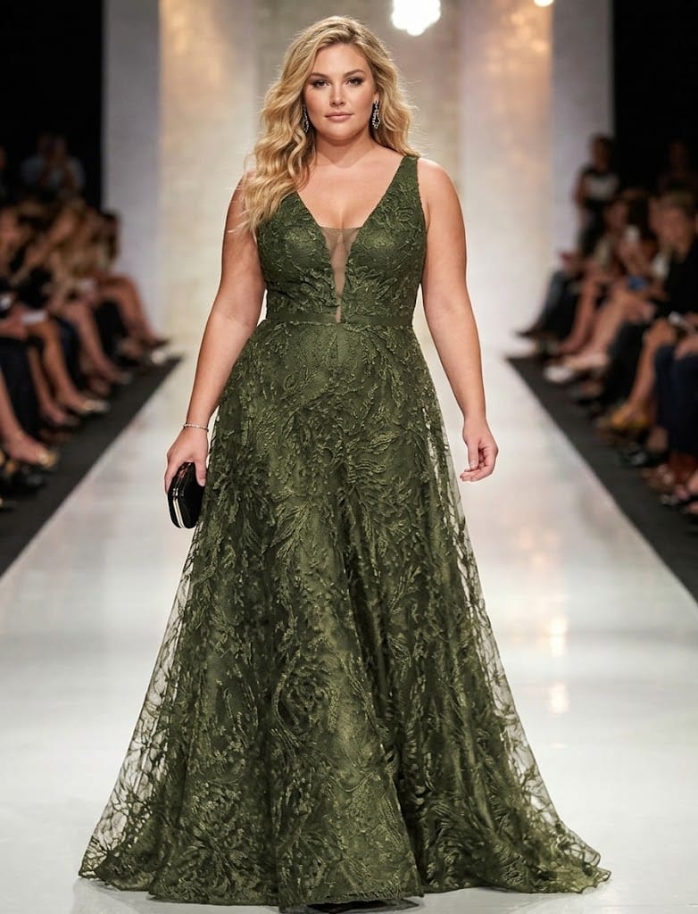 Vestido Longo Plus Size Renda Verde Oliva