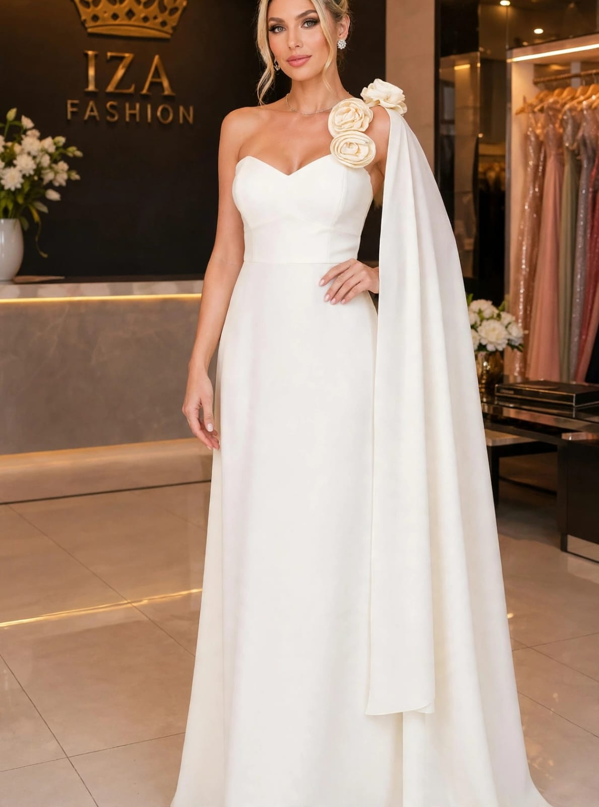 Vestido de Festa Longo Crepe Seda Chiffon Branco Um Ombro Flores Capa