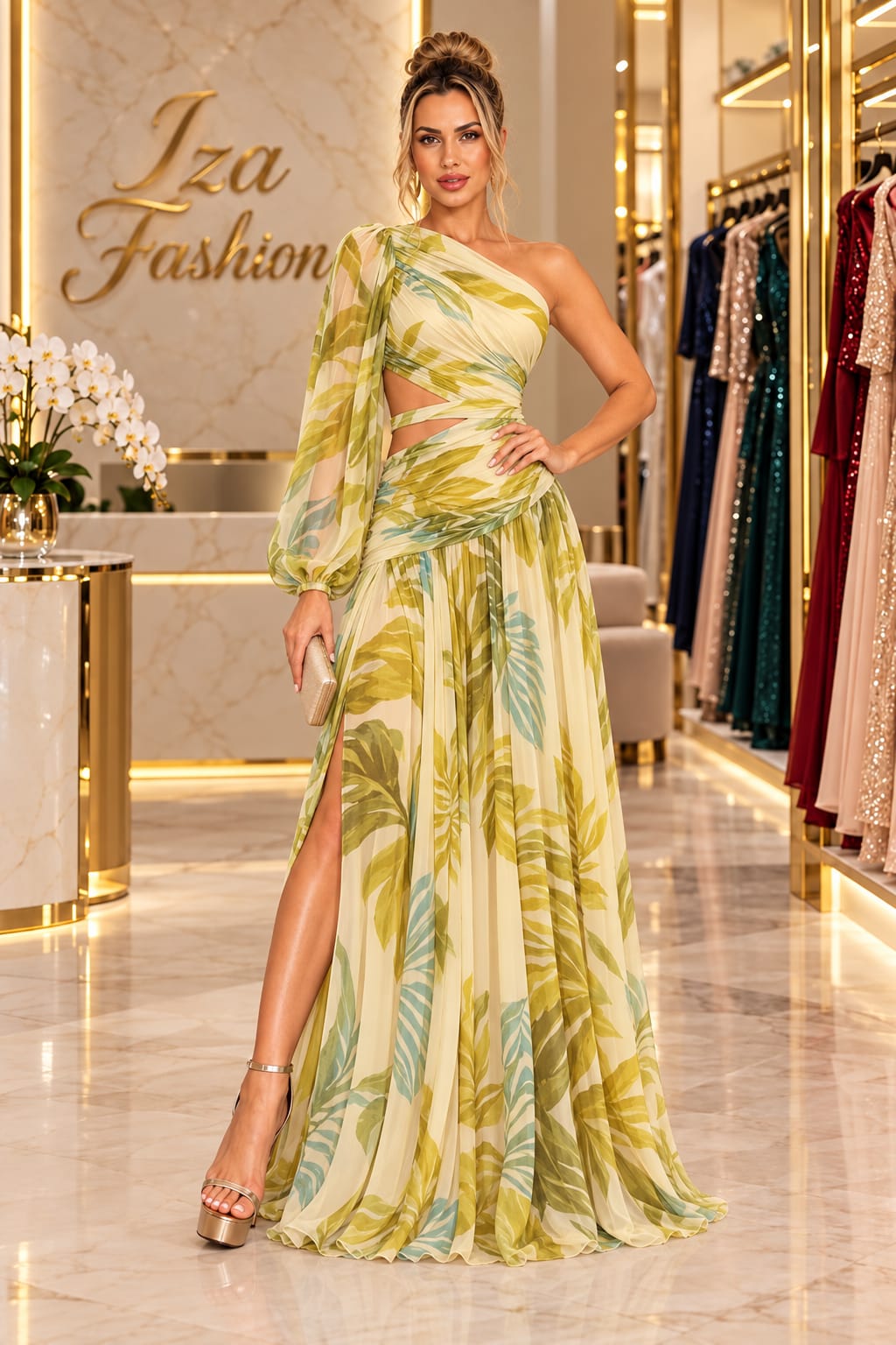 Vestido Longo de Festa Tule Estampa Verde Oliva Ombro Único com Recortes e Fenda