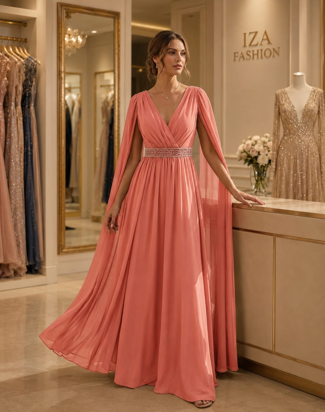 Vestido Longo Rosa Coral com Capa Fluida, Decote Transpassado e Cinto Bordado