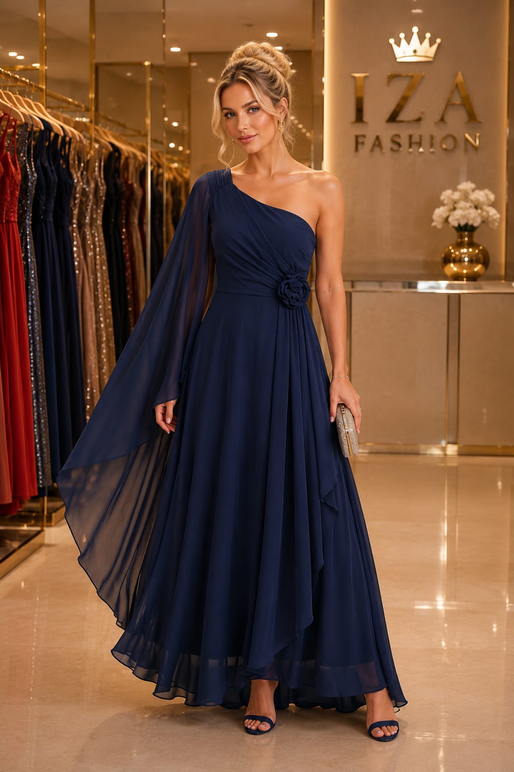 Vestido de Festa Longo Um Ombro Só Azul Marinho com Flor e Manga Fluida