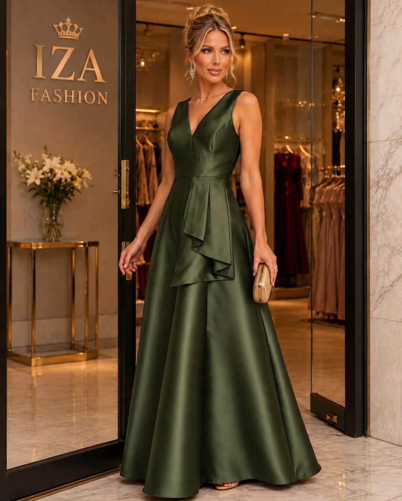 Vestido Longo Zibeline com Babado Assimétrico Oliva