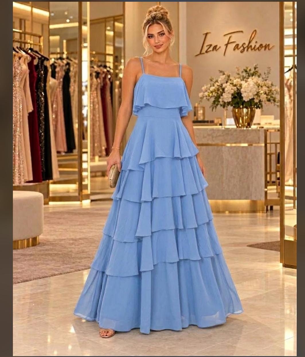 Vestido Longo Azul Serenity Chiffon em Babados Cascata com Alça Fina