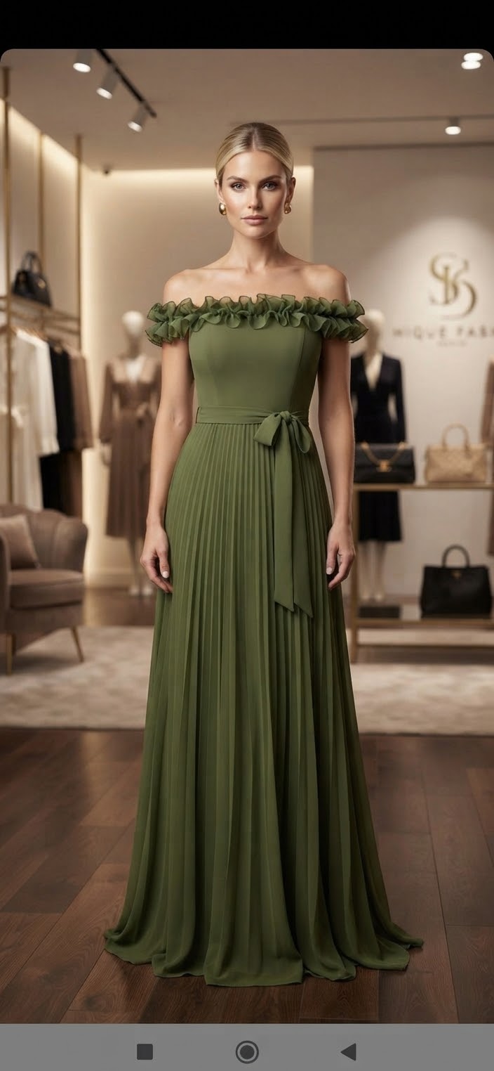 Vestido Chiffon Plissado Ombro a Ombro Verde Oliva