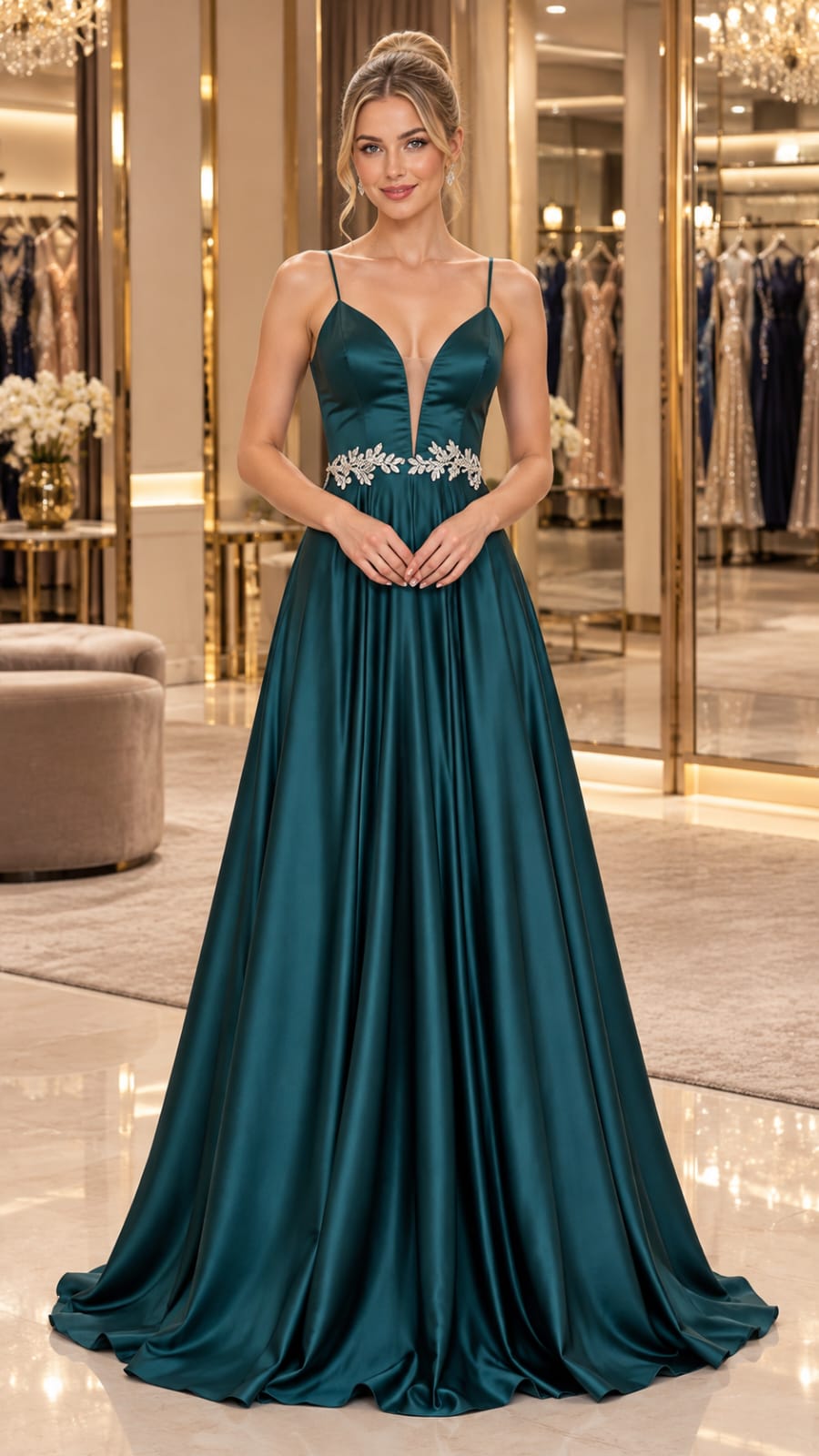 Vestido Longo Verde Esmeralda de Cetim CDC com Decote V e Alças Finas - Cinto Vendido Separadamente