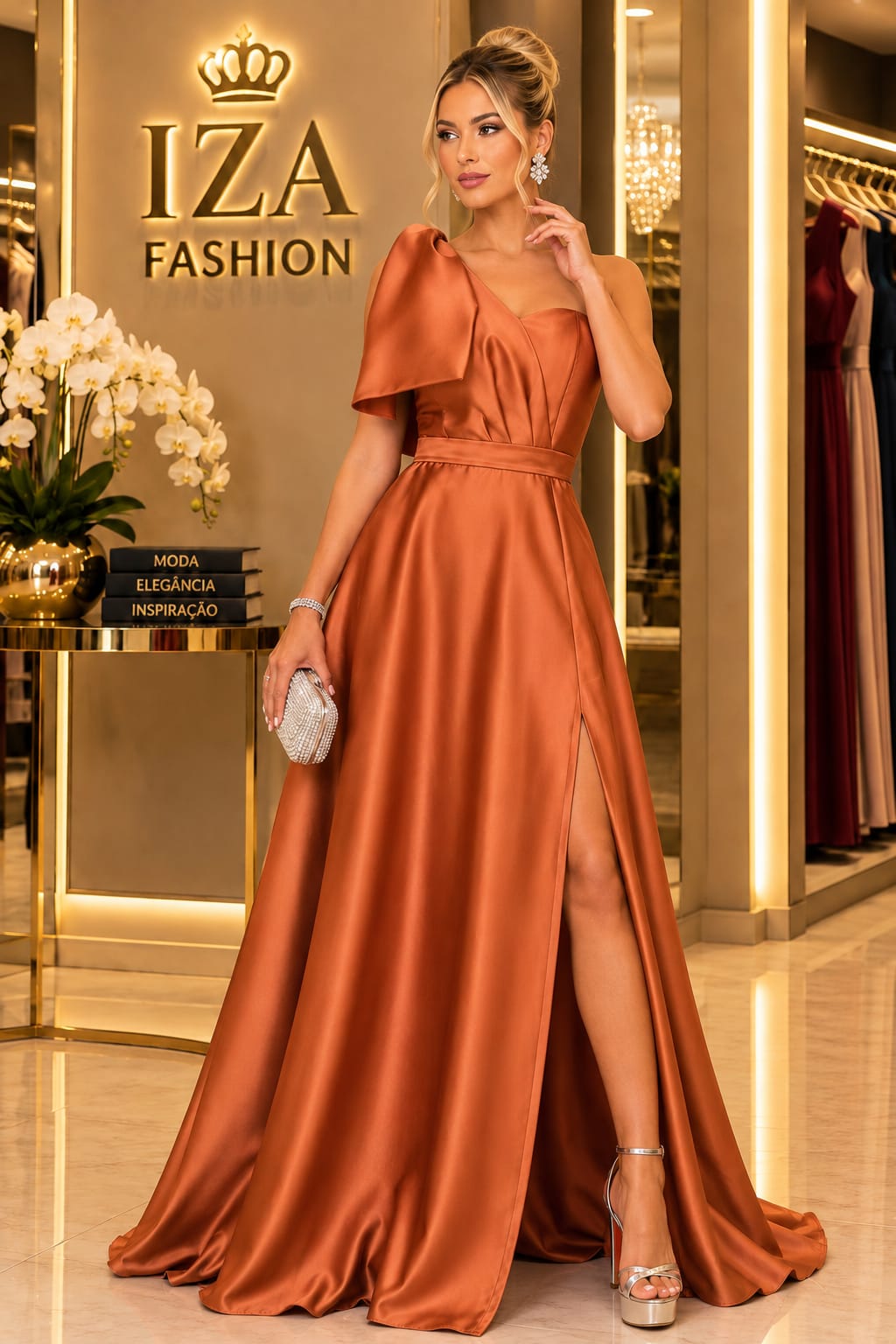 Vestido Longo Terracota em Zibeline com Ombro Único, Laço Estruturado e Fenda Alta