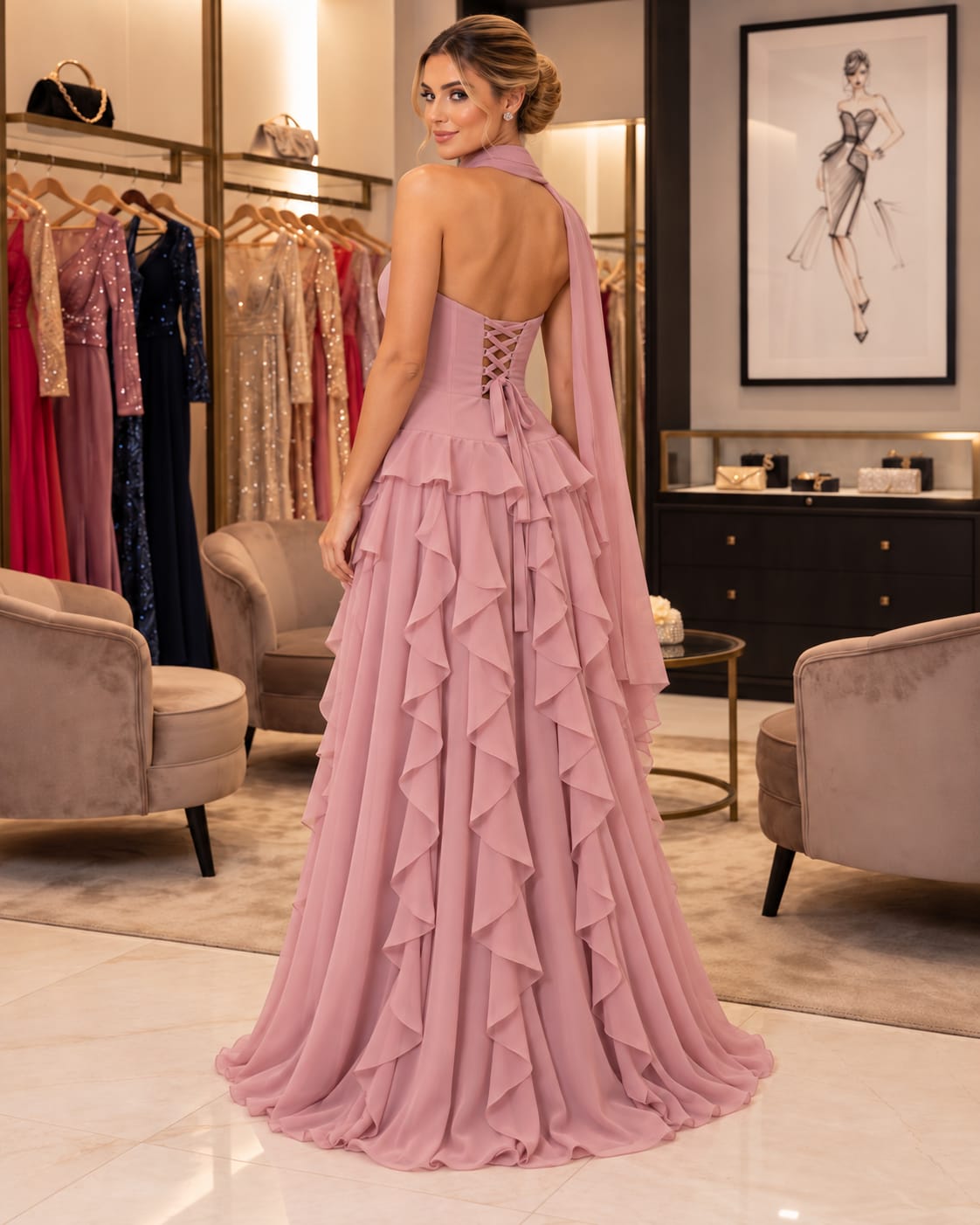 Vestido Longo em Chiffon Tomara que Caia e Saia Babados Rosa