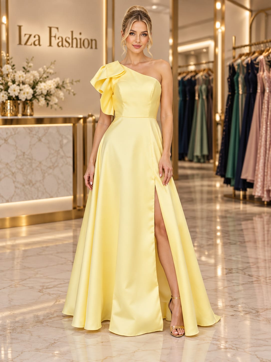Vestido Longo Amarelo Manteiga Ombro Único com Babado Estruturado e Fenda