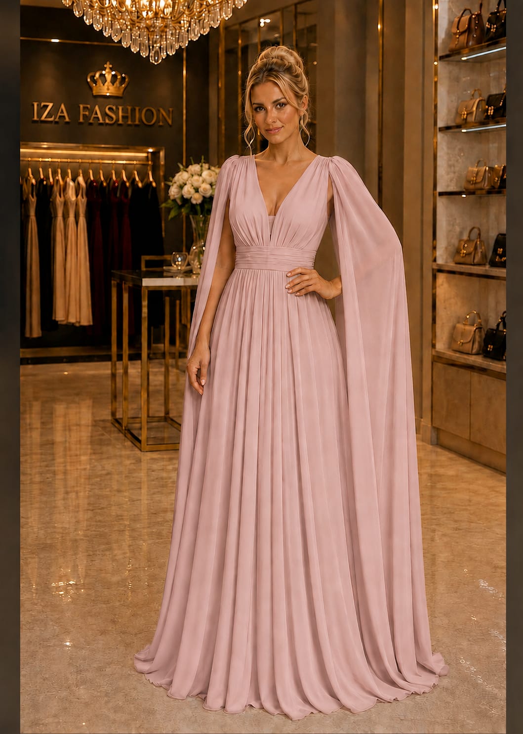 Vestido Longo Rosa em Tule com Manga Efeito Capa