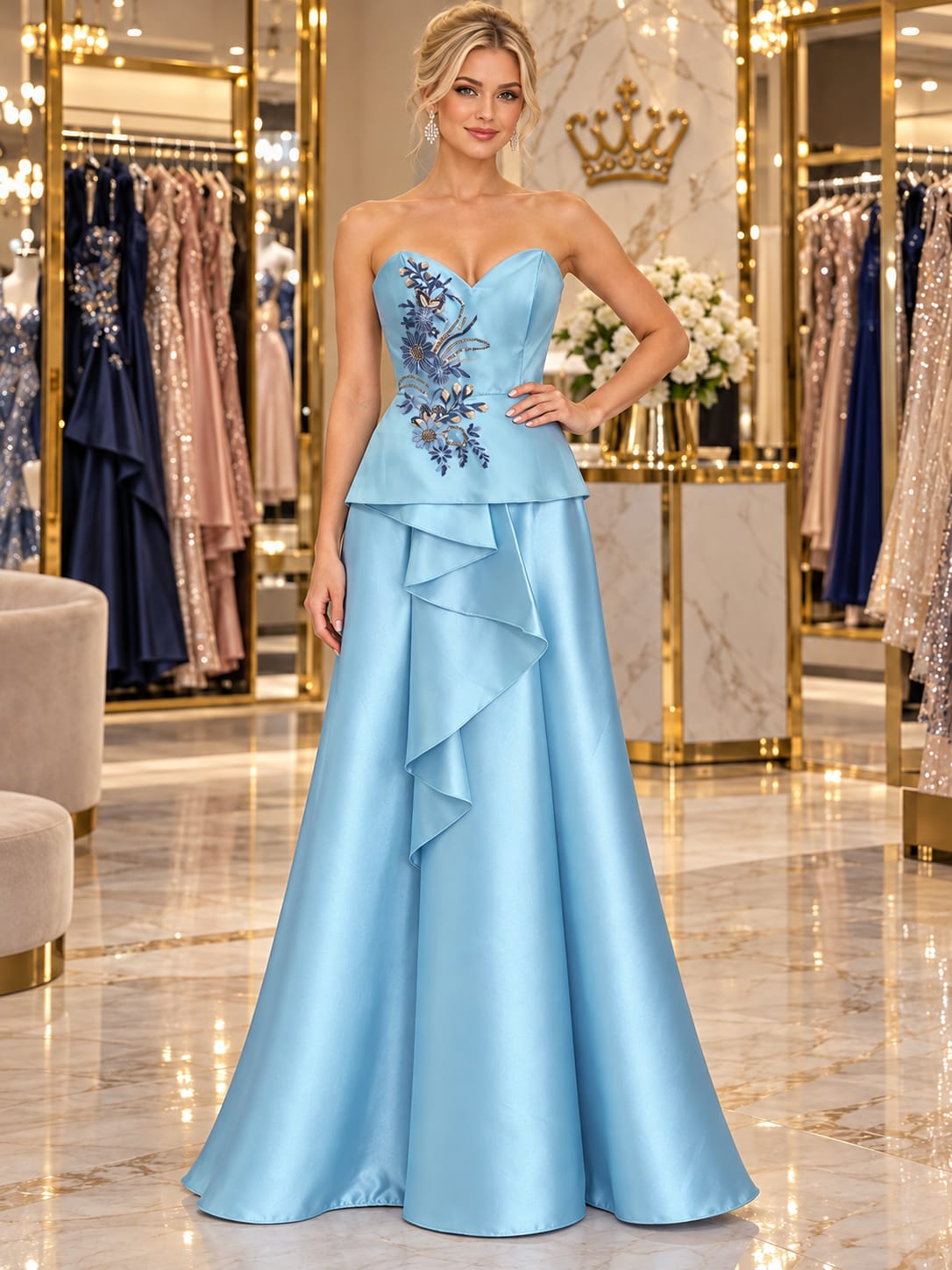 Vestido Longo Azul Serenity com Bordado Floral e Peplum Babado Cascata