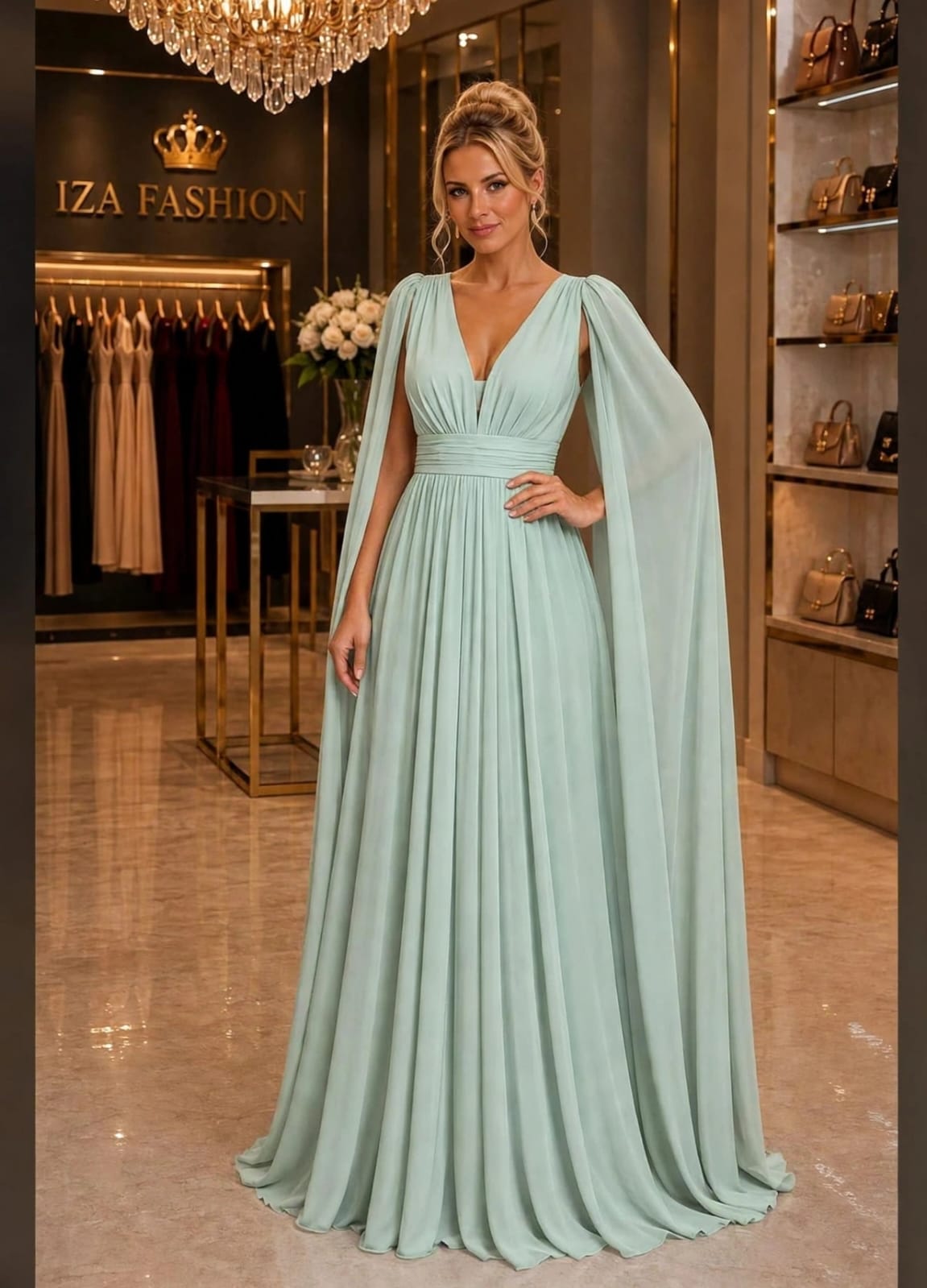 Vestido Longo Verde Menta em Tule com Manga Efeito Capa