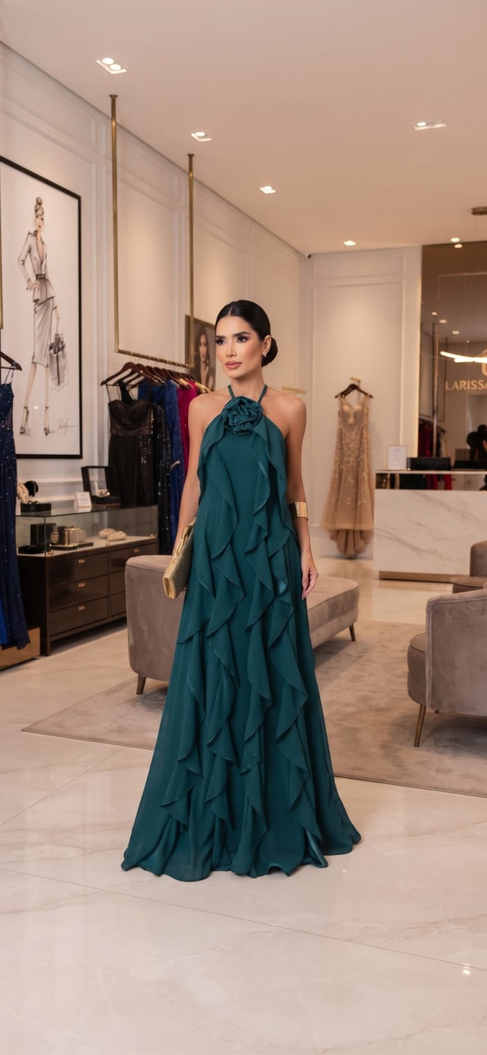 Vestido Longo Verde Esmeralda/Petróleo Frente Única com Flor e Babado