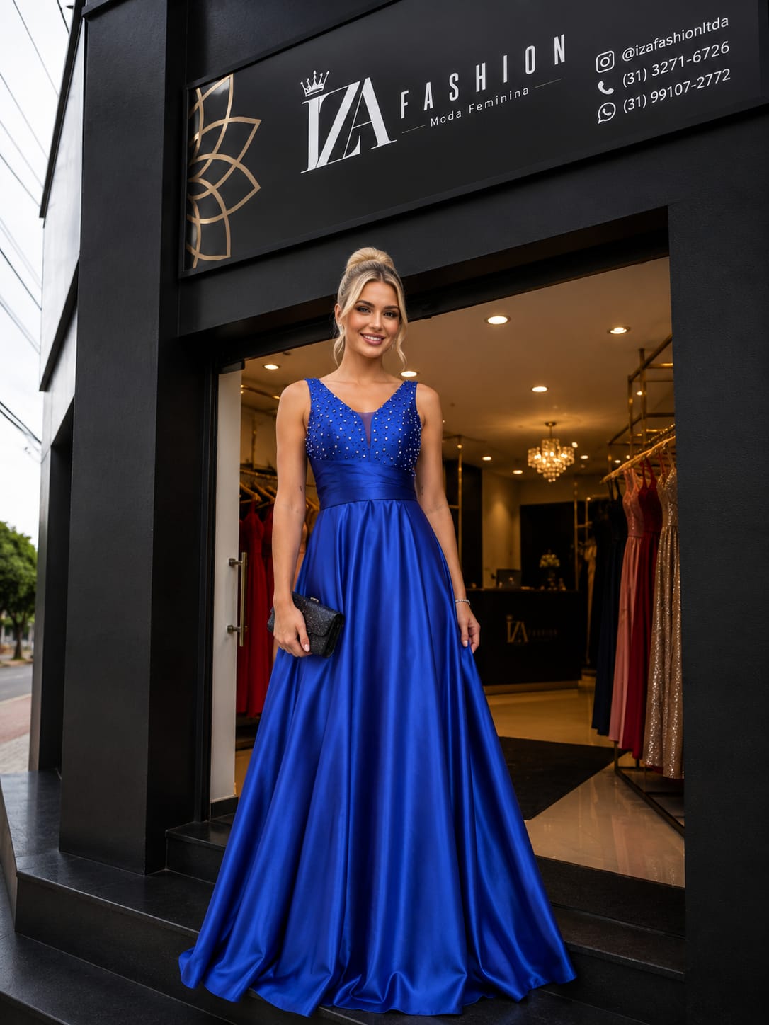 Vestido Longo Azul Royal em Cetim com Busto Bordado em Pedrarias e Saia Godê