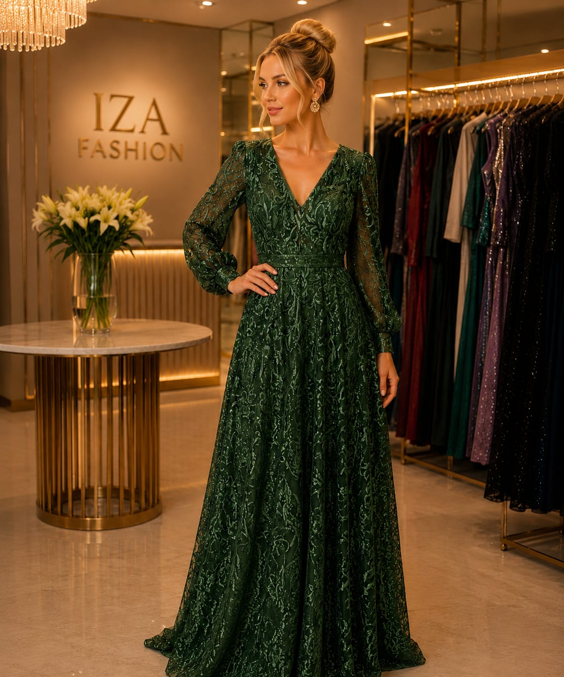 Vestido Longo Verde Esmeralda em Renda Bordada com Manga Longa Bufante e Decote V