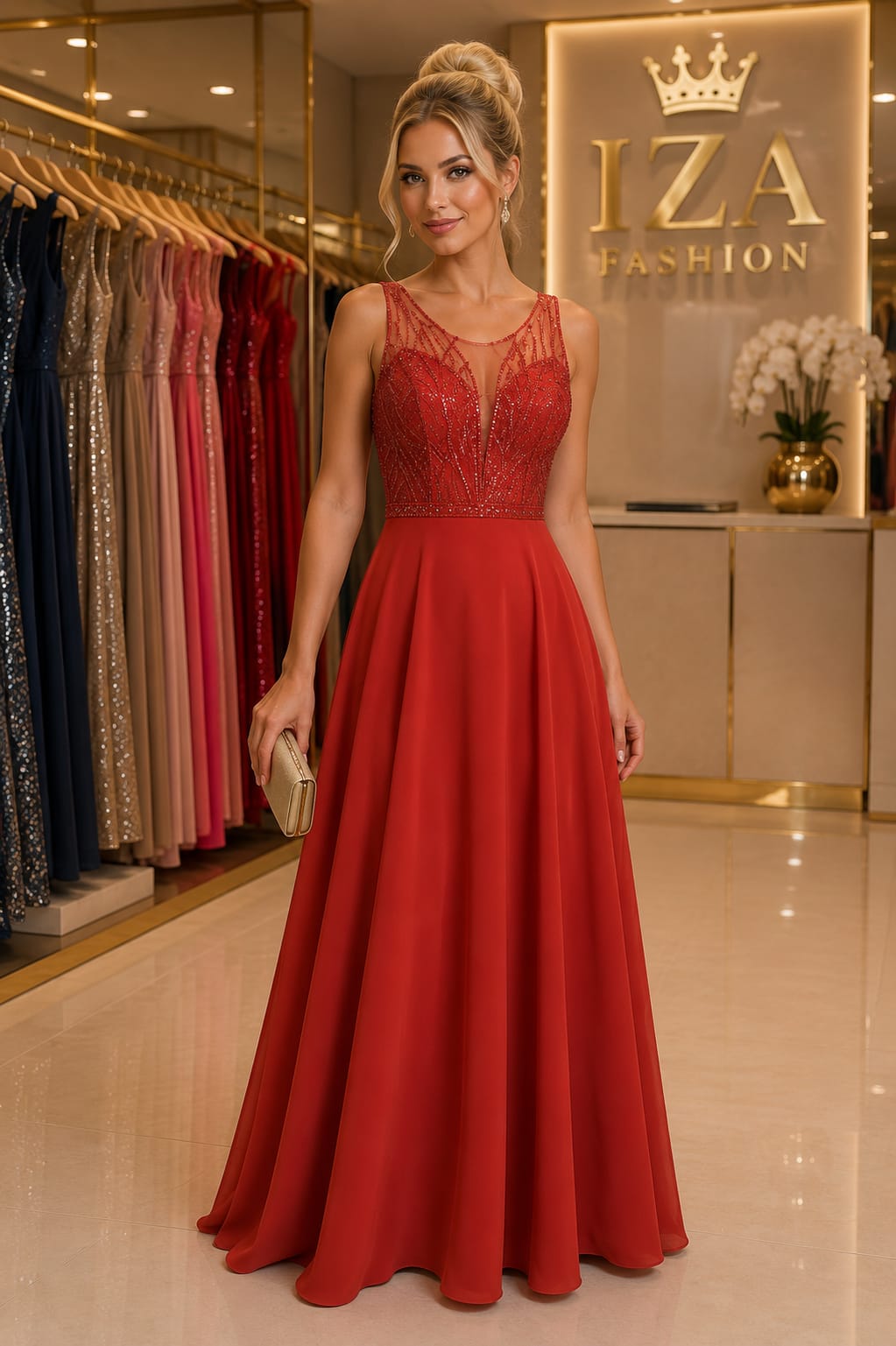 Vestido Longo Bordado com Tule
