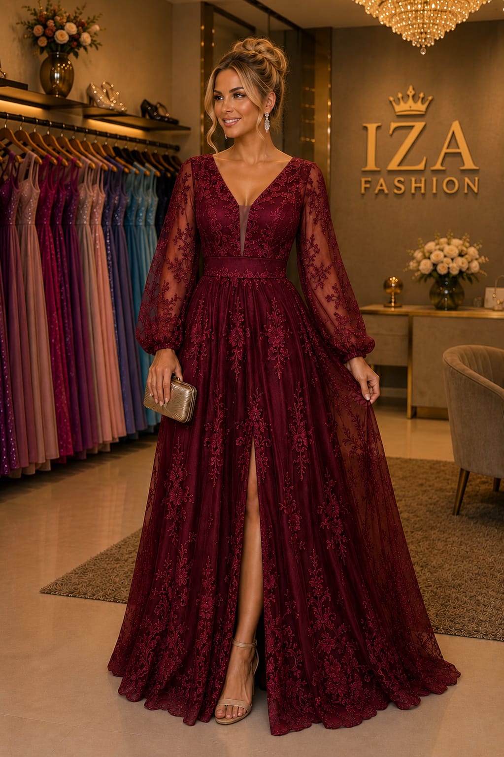 Vestido Tule com Aplicação Bordada Marsala