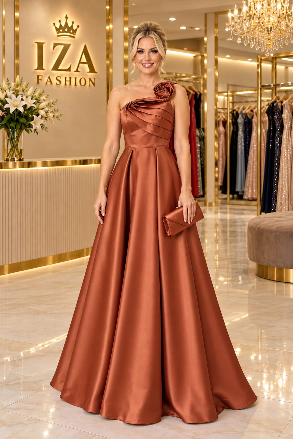 Vestido Longo Zibeline Terracota Um Ombro Só
