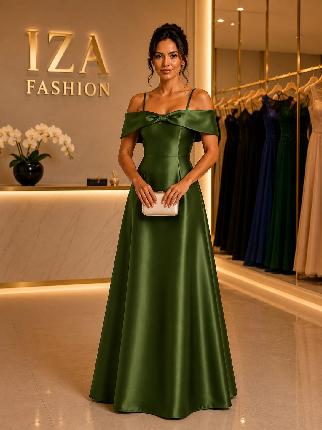 Vestido Longo Verde Oliva em Cetim com Ombro a Ombro Laço e Alças Finas
