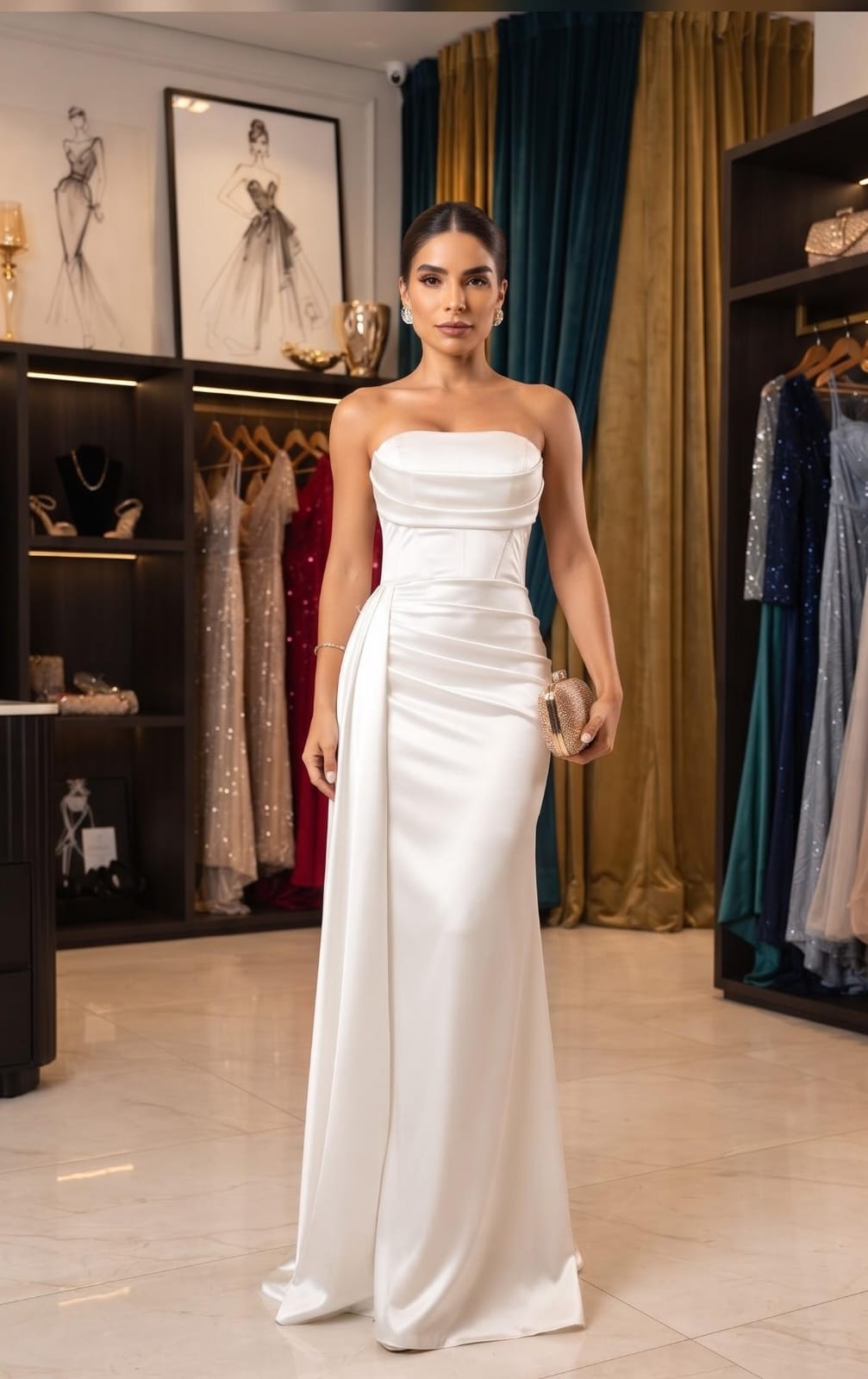 Vestido Longo em Prada Sereia Off White Corset Drapeado