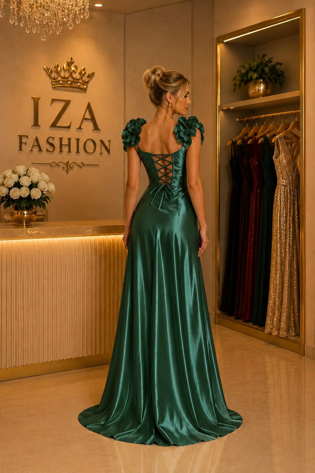 Vestido de Festa Prada Esmeralda Ombro a Ombro com Flores